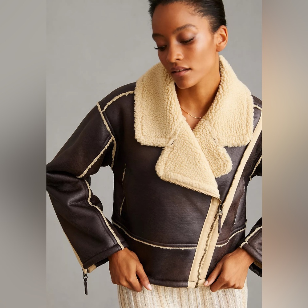 Pilcro Brown Faux-Leather Shearling Jacket with Cream Lining - Picture 2 of 11